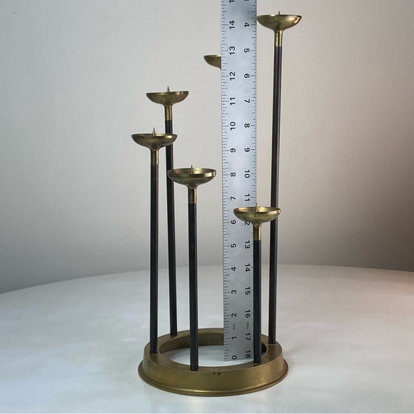 Vintage Mid Century Brass Copper Tiered Candlestick 6 Candle Holder Candelabra - Picture 10 of 13